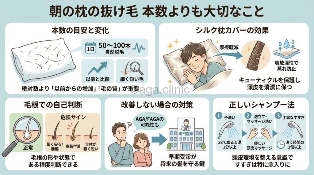 「朝の枕の抜け毛本数の平均は20本・30本・50本?どれくらいか解説」というタイトル記事を要約した当サイトのオリジナル解説イラスト