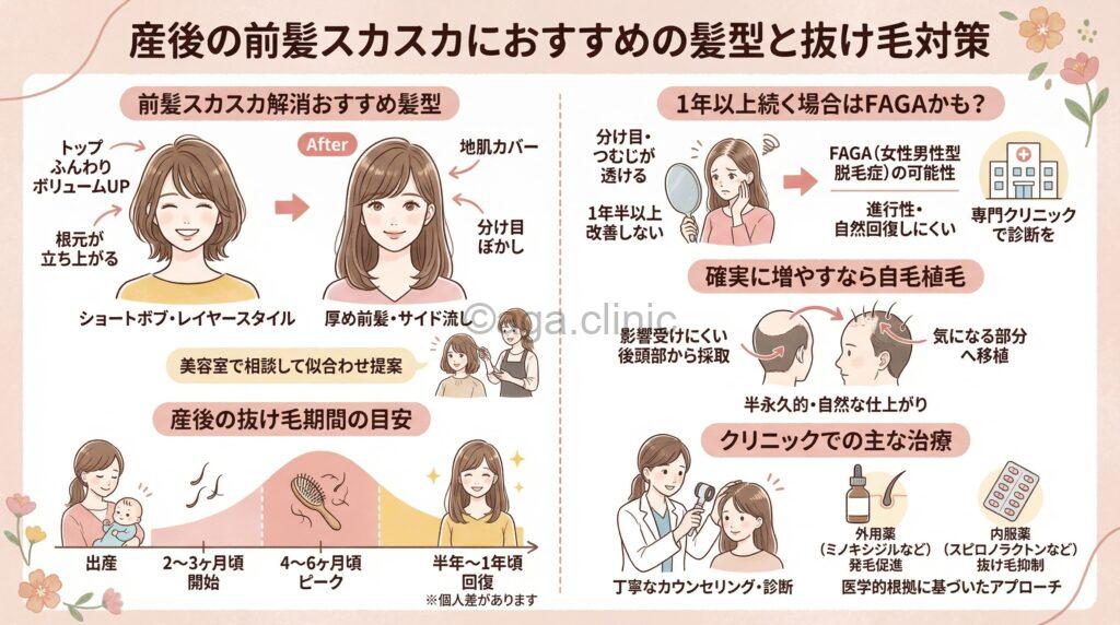 「産後の抜け毛で前髪がスカスカ…おすすめの髪型と今後の対策方法」というタイトル記事を要約した当サイトのオリジナル解説イラスト