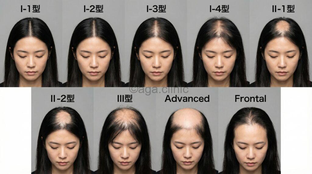 女性の薄毛の進行状況のリアルな当サイトオリジナル解説図