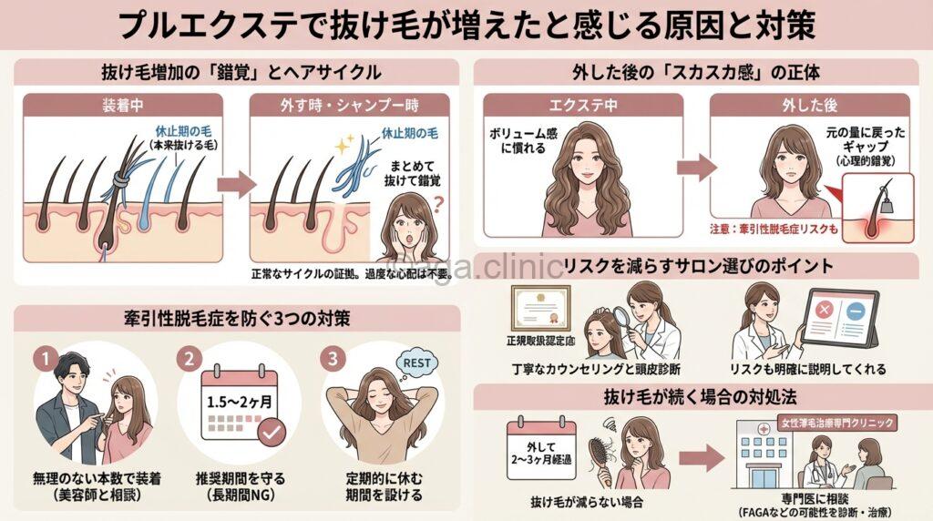 「プルエクステで抜け毛が…取ったあとスカスカになる理由５つと対策」というタイトル記事を要約した当サイトのオリジナル解説イラスト