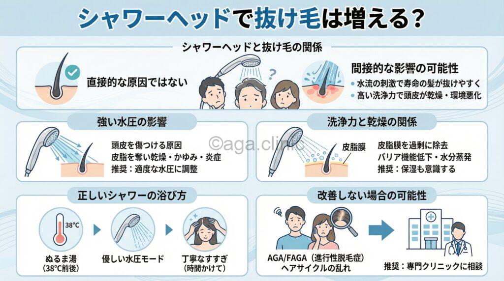 「ReFa(リファ)のシャワーヘッドで抜け毛が増えたと感じる理由」というタイトル記事を要約した当サイトのオリジナル解説イラスト
