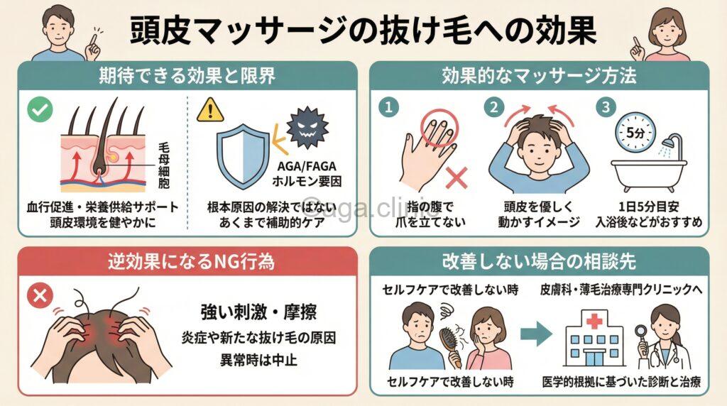 「頭皮マッサージで抜け毛が減った？効果・やり方・本当の原因とは」というタイトル記事を要約した当サイトのオリジナル解説イラスト