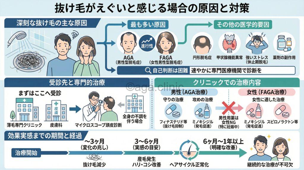 「「抜け毛がえぐい…」考えられる5つの理由と5つの対策を徹底解説」というタイトル記事を要約した当サイトのオリジナル解説イラスト