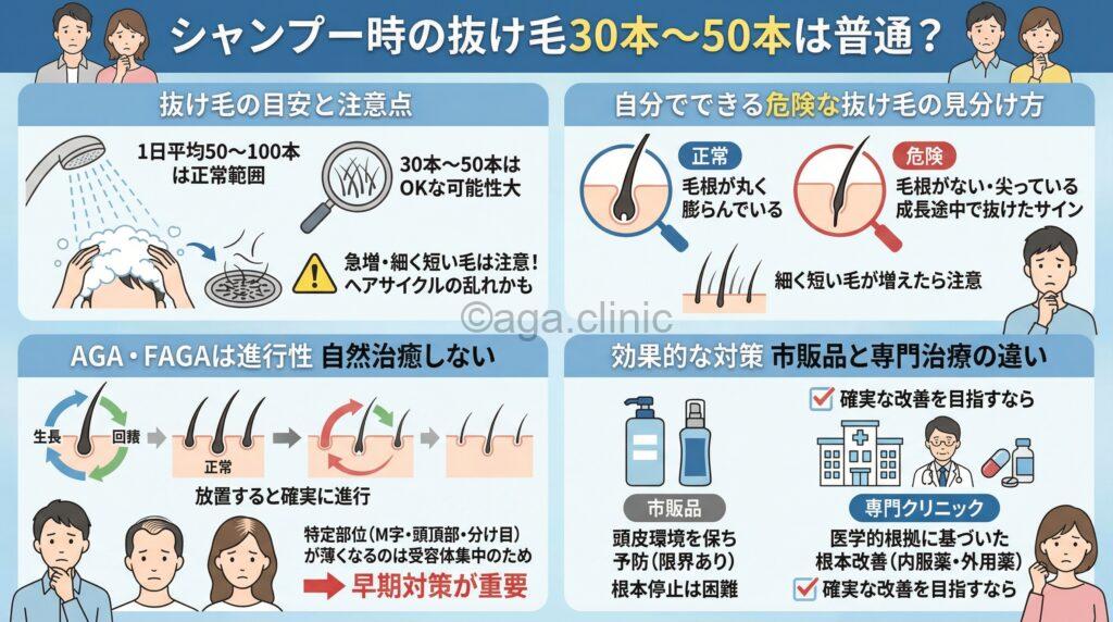 「シャンプー時の抜け毛が30本〜50本は大丈夫？重要サイン7つと対策」というタイトル記事を要約した当サイトのオリジナル解説イラスト
