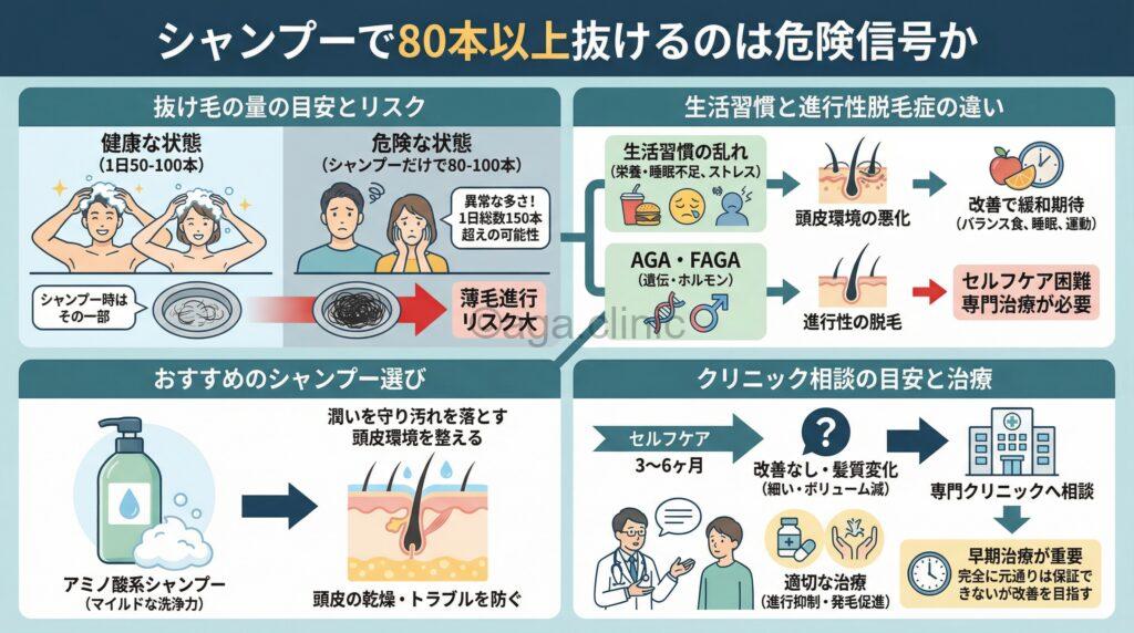 「シャンプー時の抜け毛がひどい…80本〜100本は多いのか&対策も解説」というタイトル記事を要約した当サイトのオリジナル解説イラスト