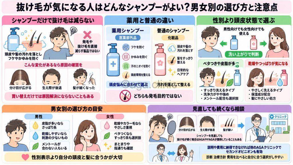 「抜け毛が気になる人はどんなシャンプーがよい?男女別の選び方と注意点」というタイトル記事を要約した当サイトのオリジナル解説イラスト