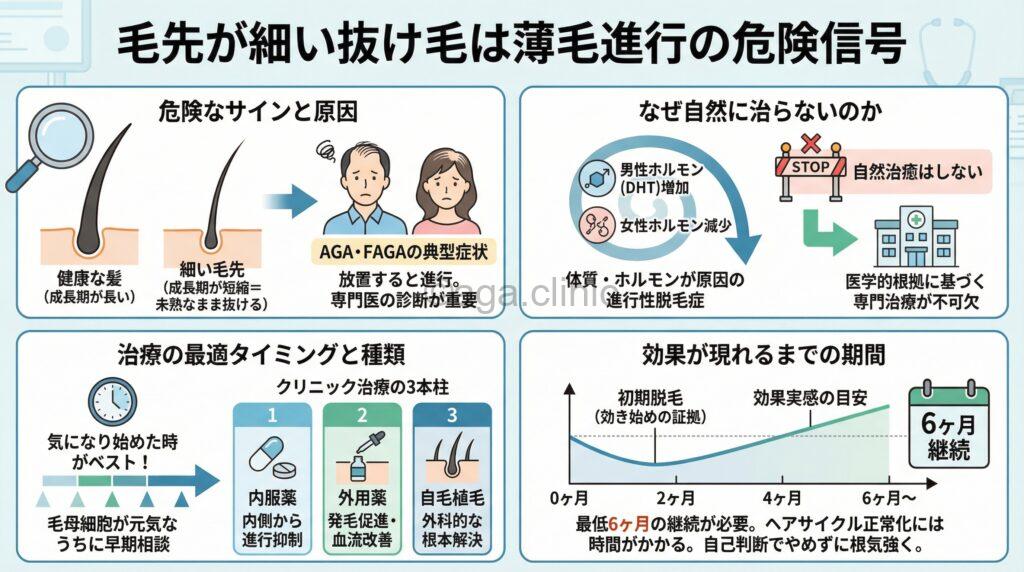 「抜け毛の毛先が細いのは薄毛の前兆？放置するリスクと対策を解説」というタイトル記事を要約した当サイトのオリジナル解説イラスト