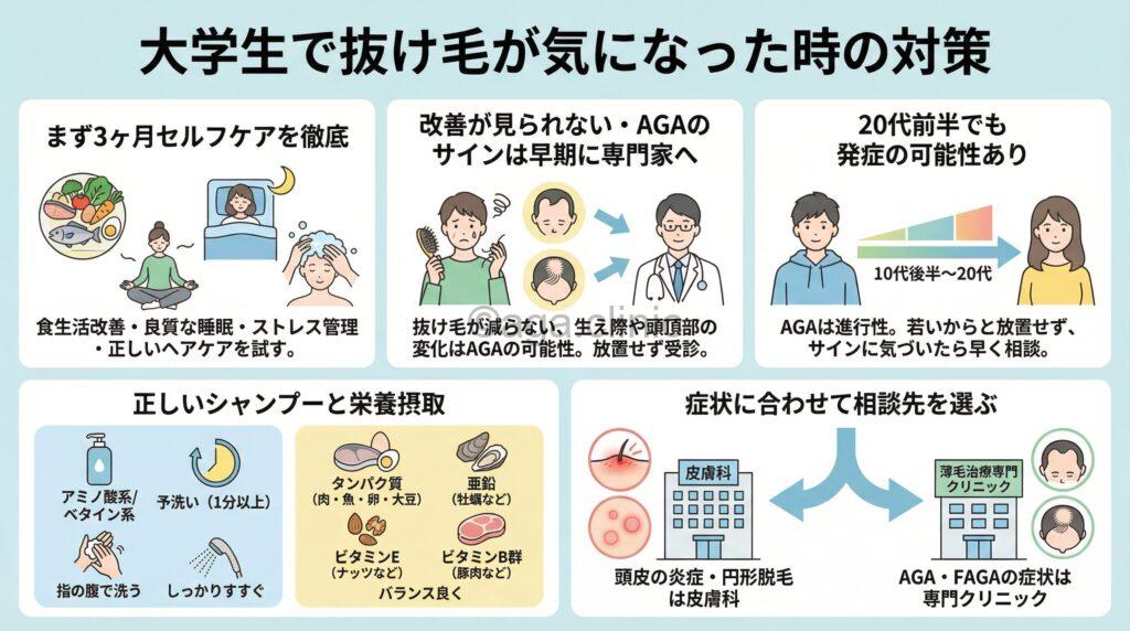 「大学生で抜け毛がやばい場合の対策とは？9つの原因とクリニックの選び方」というタイトル記事を要約した当サイトのオリジナル解説イラスト