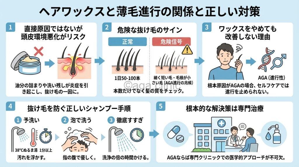 「ヘアワックスをつける時の抜け毛がやばい…セット時の危険本数とは」というタイトル記事を要約した当サイトのオリジナル解説イラスト