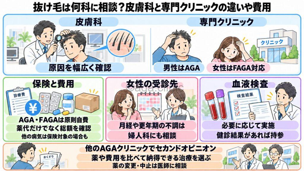 「抜け毛は何科に相談？皮膚科と専門クリニックの違いや費用を解説」というタイトル記事を要約した当サイトのオリジナル解説イラスト