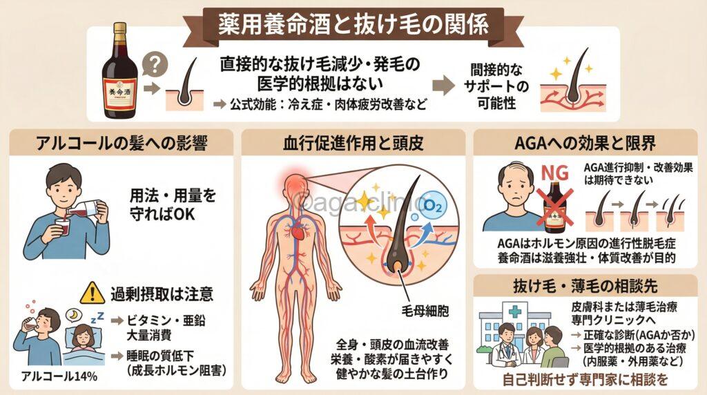 「養命酒は抜け毛を減らすor増やす?それぞれの側面と正しい解決策」というタイトル記事を要約した当サイトのオリジナル解説イラスト