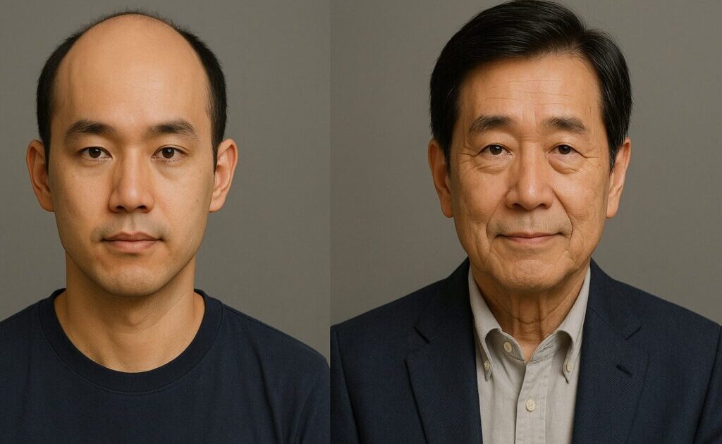 若い頃のハゲた男性が植毛して老後になっても髪が抜けていない