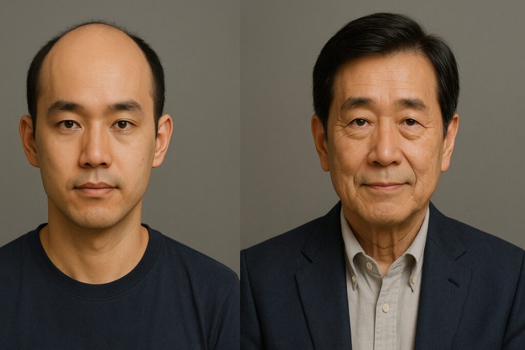 若い頃のハゲた男性が植毛して老後になっても髪が抜けていない