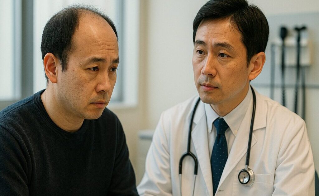 病院で医師に診察してもらっている薄毛の男性