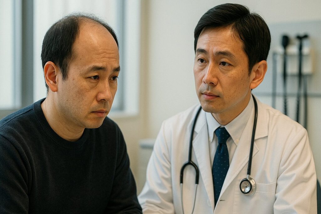 病院で医師に診察してもらっている薄毛の男性