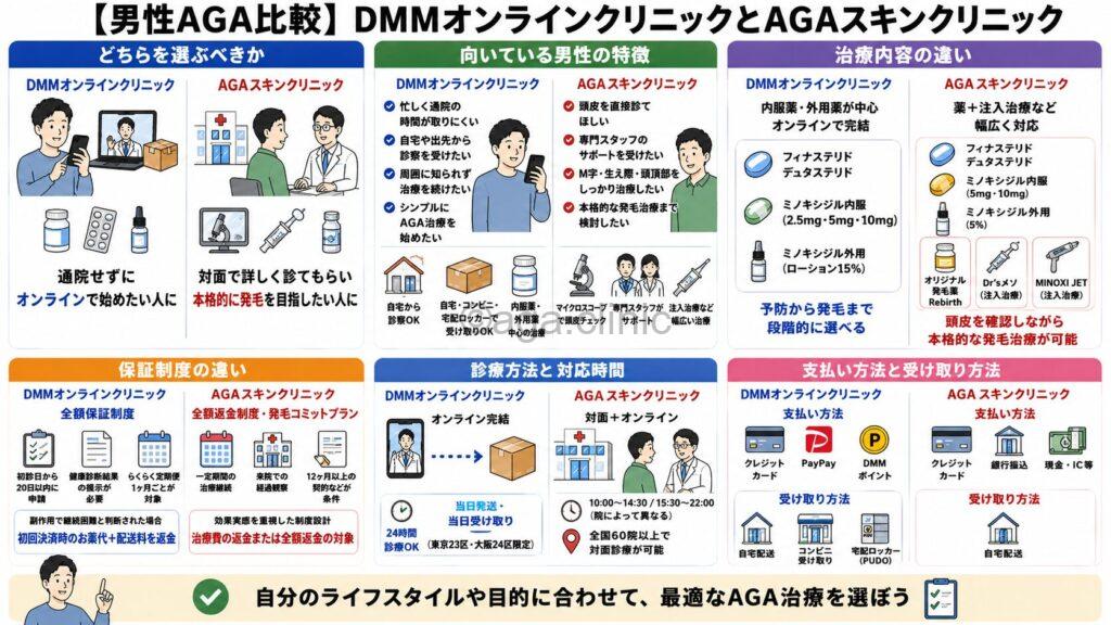 「【男性AGA比較】DMMオンラインクリニックとAGAスキンクリニックどっちが良い？」というタイトル記事を要約した当サイトのオリジナル解説イラスト