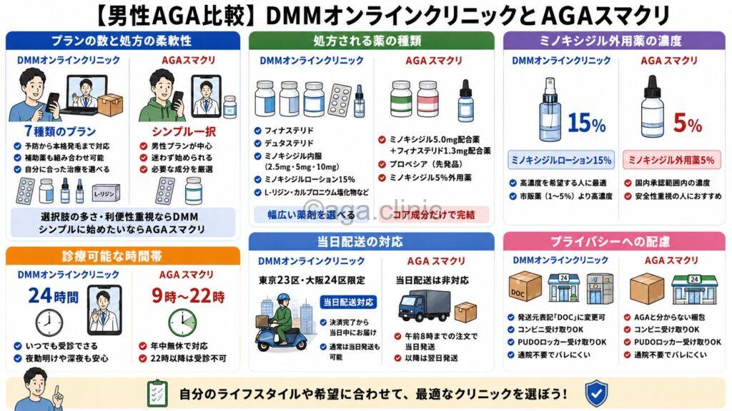 「【男性AGA比較】DMMオンラインクリニックとAGAスマクリどっちが良い？」というタイトル記事を要約した当サイトのオリジナル解説イラスト