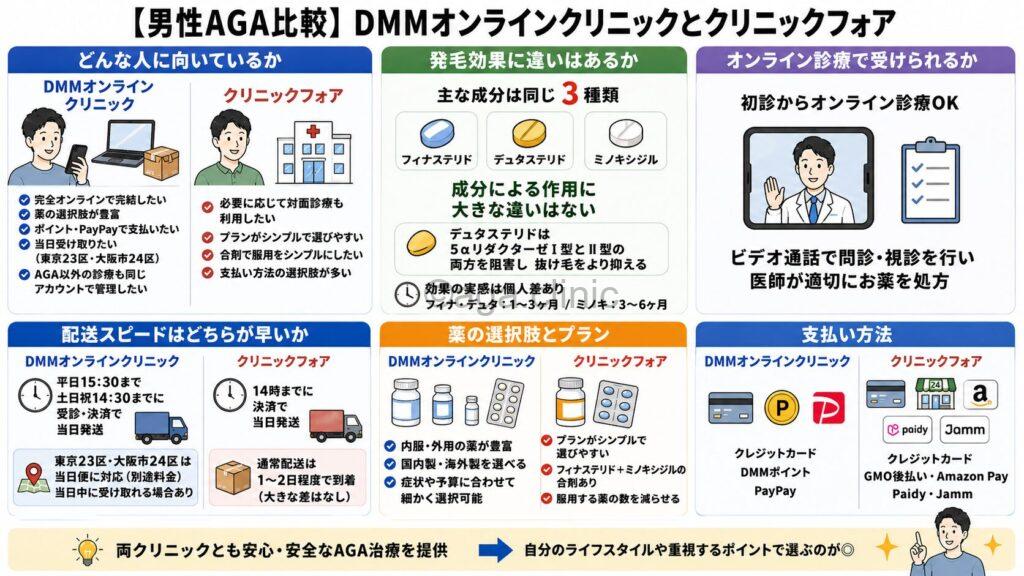 「【男性AGA比較】DMMオンラインクリニックとクリニックフォアどっちが良い?」というタイトル記事を要約した当サイトのオリジナル解説イラスト