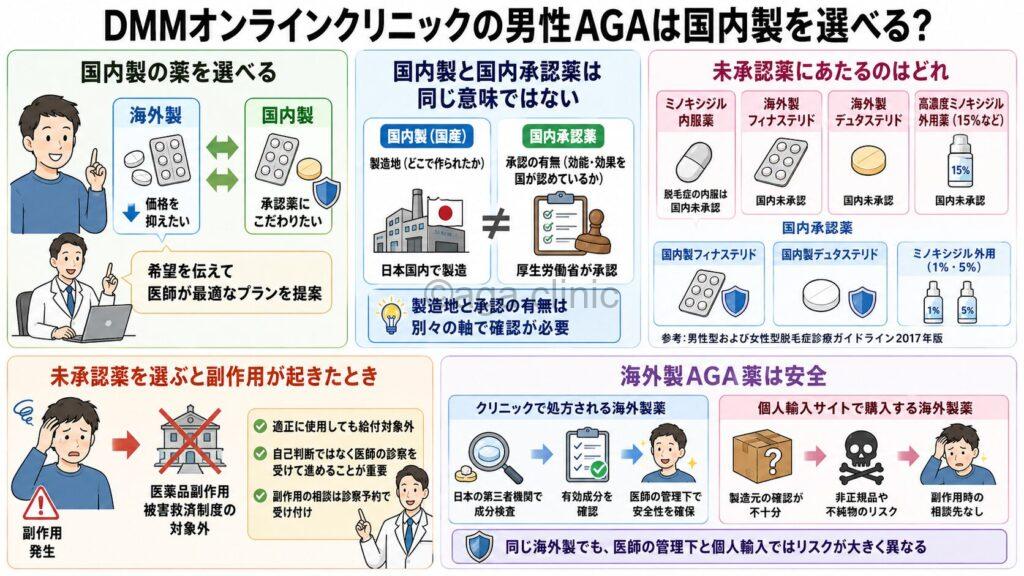 「DMMオンラインクリニックの男性AGAは国内製を選べる?承認薬と未承認薬の違い・選び方」というタイトル記事を要約した当サイトのオリジナル解説イラスト
