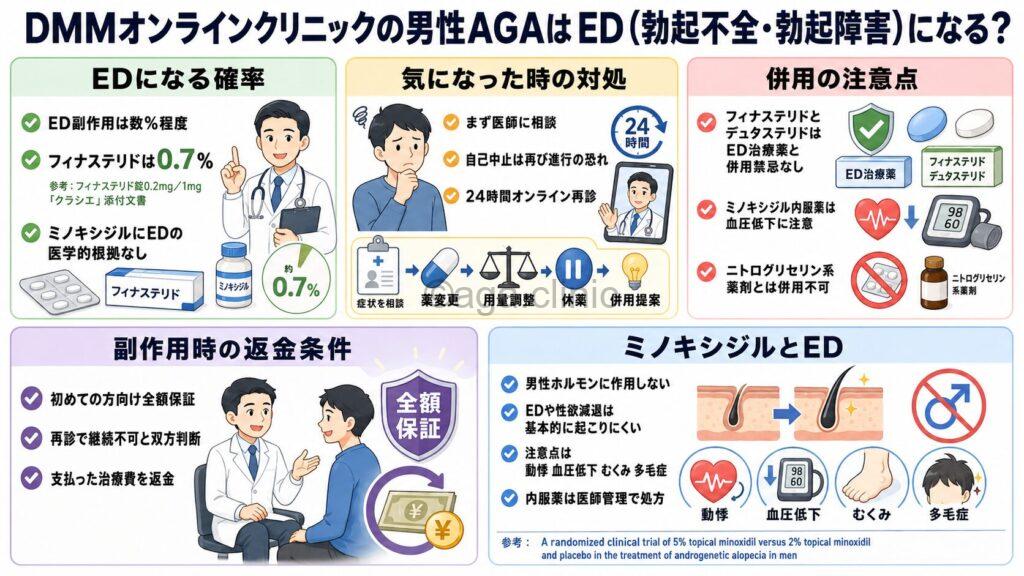 「DMMオンラインクリニックの男性AGAはED（勃起不全・勃起障害）になる？」というタイトル記事を要約した当サイトのオリジナル解説イラスト