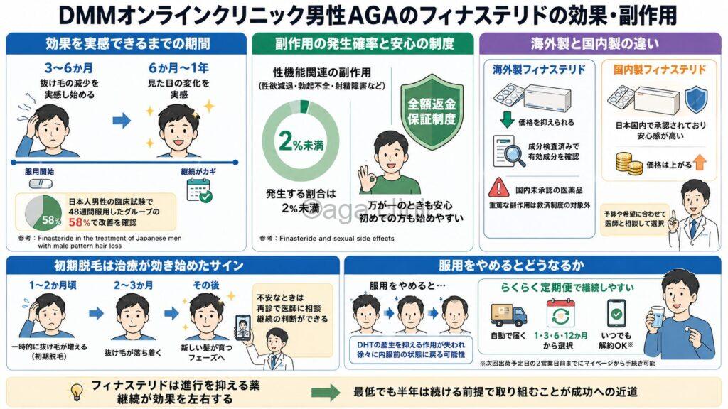 「DMMオンラインクリニック男性AGAのフィナステリドの効果・副作用」というタイトル記事を要約した当サイトのオリジナル解説イラスト