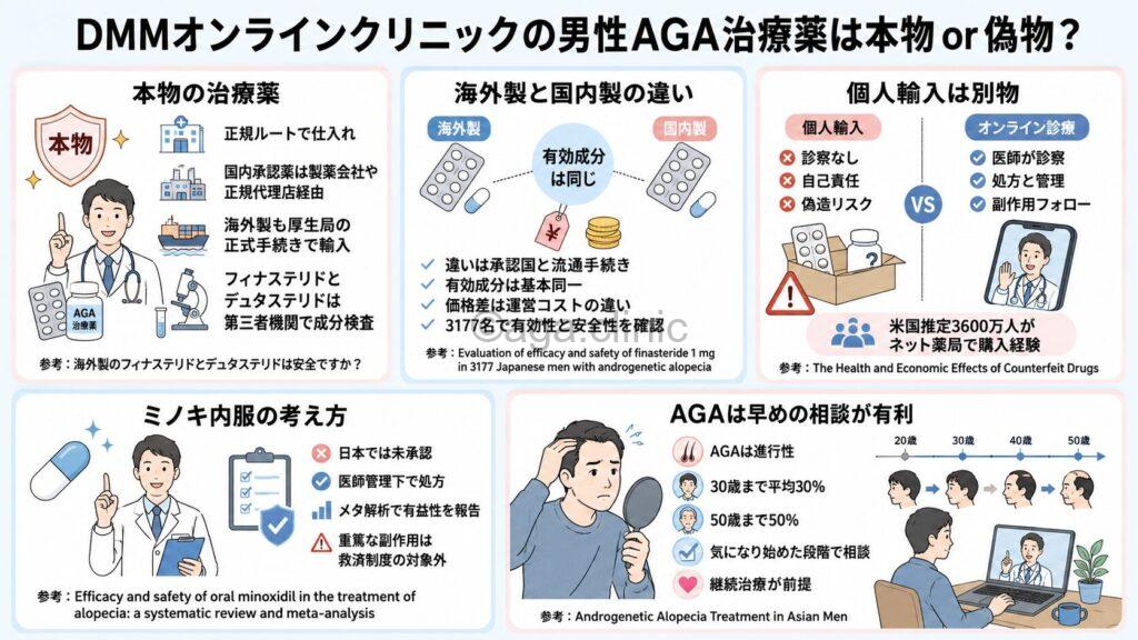 「DMMオンラインクリニックの男性AGA治療薬は本物or偽物なのか解説」というタイトル記事を要約した当サイトのオリジナル解説イラスト