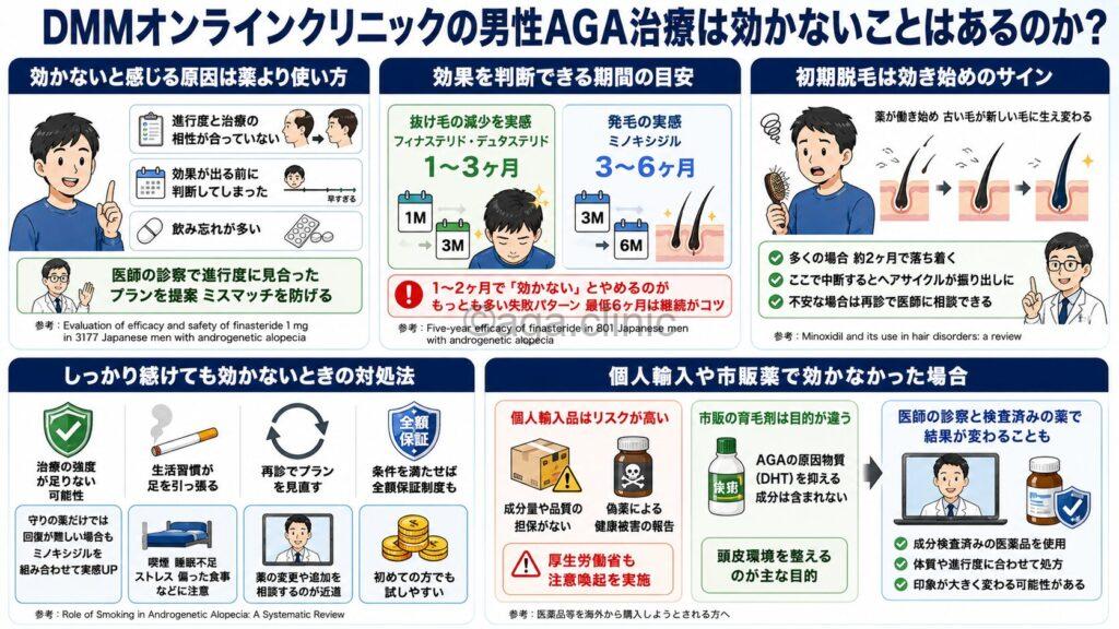 「DMMオンラインクリニックの男性AGA治療は効かないことはあるのか?」というタイトル記事を要約した当サイトのオリジナル解説イラスト