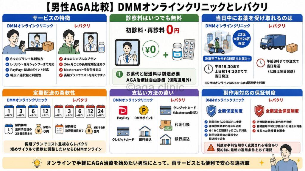 「【男性AGA比較】DMMオンラインクリニックとレバクリどっちが良い？」というタイトル記事を要約した当サイトのオリジナル解説イラスト