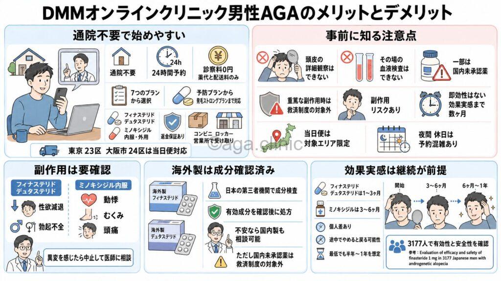 「DMMオンラインクリニック男性AGAのメリットとデメリットを徹底解説」というタイトル記事を要約した当サイトのオリジナル解説イラスト
