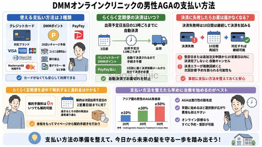 「DMMオンラインクリニックの男性AGAの支払い方法とは？タイミングや注意点」というタイトル記事を要約した当サイトのオリジナル解説イラスト