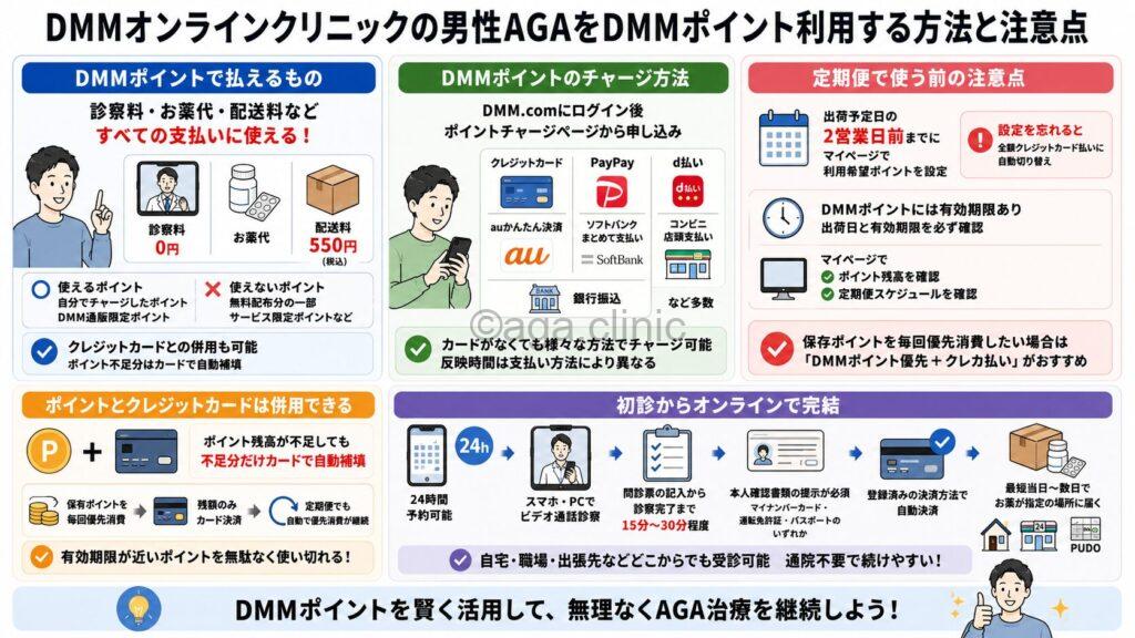 「DMMオンラインクリニックの男性AGAをDMMポイント利用する方法と注意点」というタイトル記事を要約した当サイトのオリジナル解説イラスト