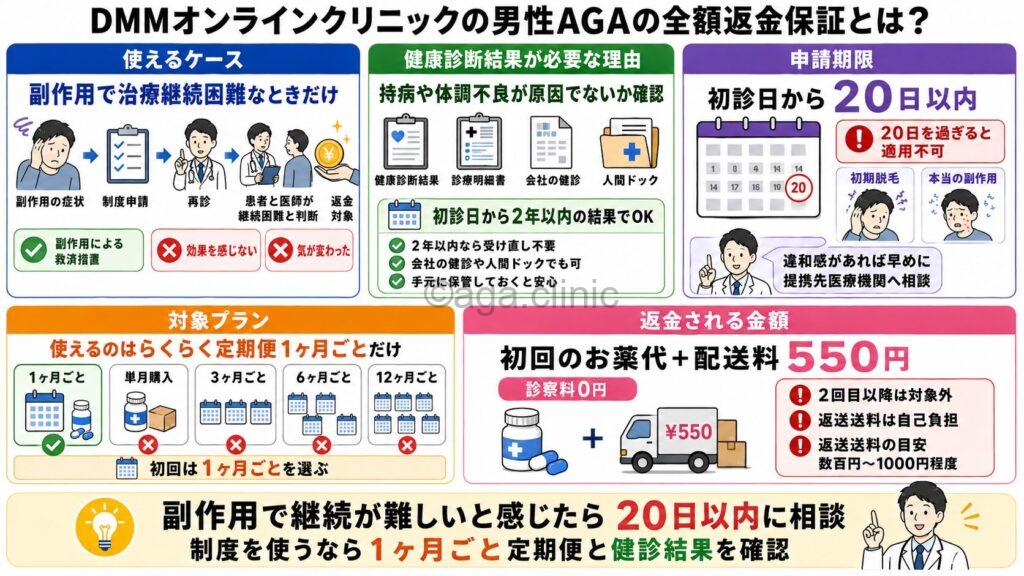 「DMMオンラインクリニックの男性AGAの全額返金保証について解説」というタイトル記事を要約した当サイトのオリジナル解説イラスト