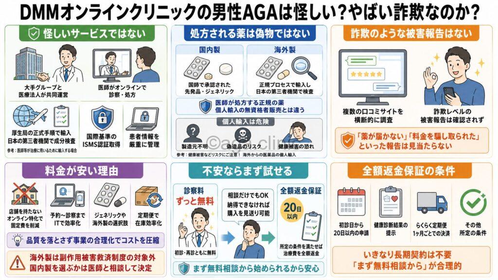 「DMMオンラインクリニックの男性AGAは怪しい?やばい詐欺なのか解説」というタイトル記事を要約した当サイトのオリジナル解説イラスト