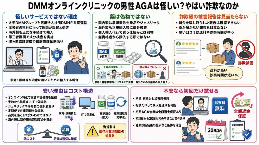 「DMMオンラインクリニックの男性AGAは怪しい?やばい詐欺なのか解説」というタイトル記事を要約した当サイトのオリジナル解説イラスト