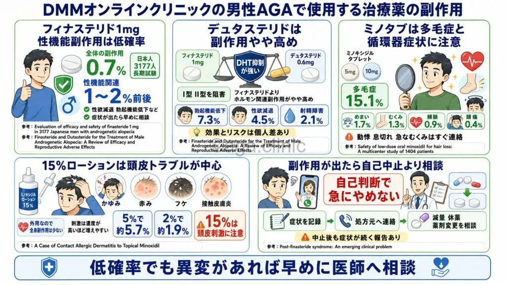 「DMMオンラインクリニックの男性AGAの副作用は?薬別のリスクを解説」というタイトル記事を要約した当サイトのオリジナル解説イラスト