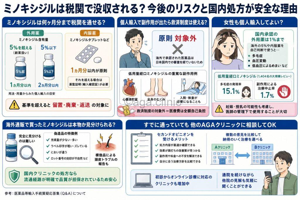 「ミノキシジルは税関で没収される？今後のリスクと国内処方が安全な理由」というタイトル記事を要約した当サイトのオリジナル解説イラスト