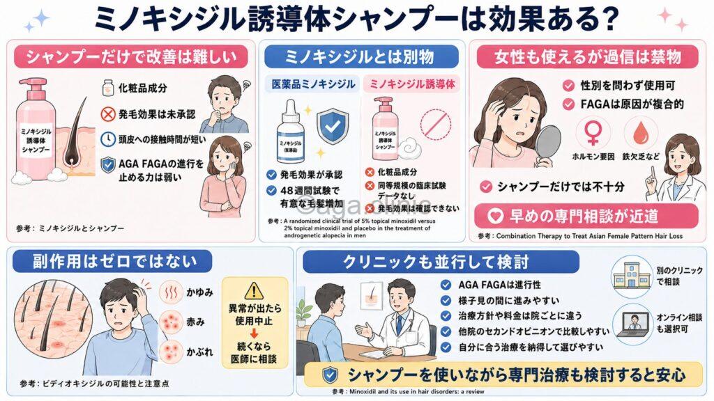 「ミノキシジル誘導体シャンプーは効果ある?口コミとミノキシジルとの違い」というタイトル記事を要約した当サイトのオリジナル解説イラスト