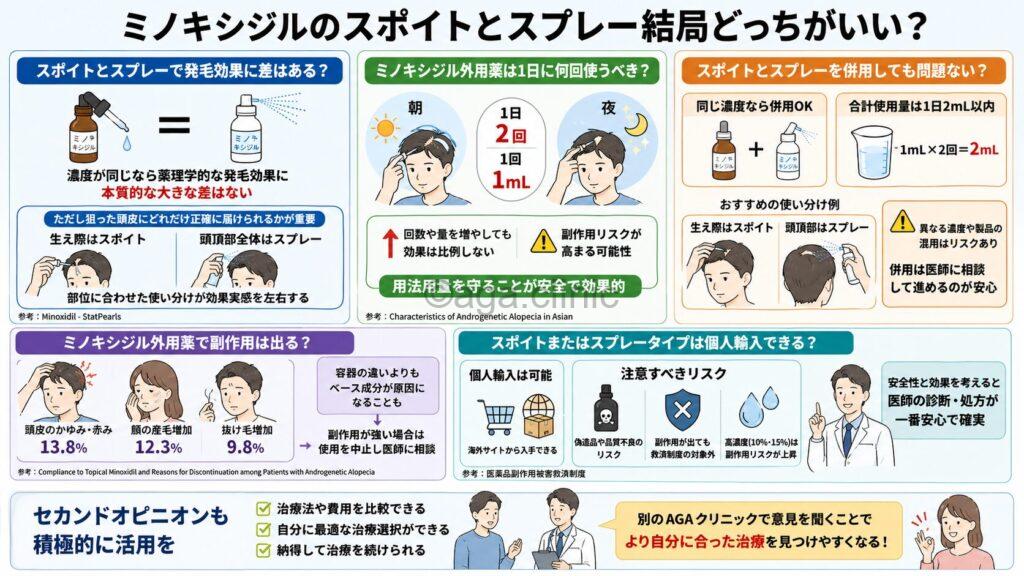 「ミノキシジルのスポイトとスプレー結局どっちがいい?違いと選び方」というタイトル記事を要約した当サイトのオリジナル解説イラスト