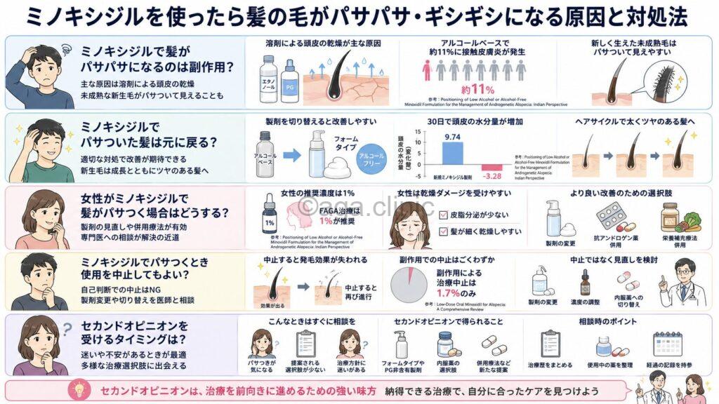「ミノキシジルを使ったら髪の毛がパサパサ・ギシギシになる原因と対処法」というタイトル記事を要約した当サイトのオリジナル解説イラスト