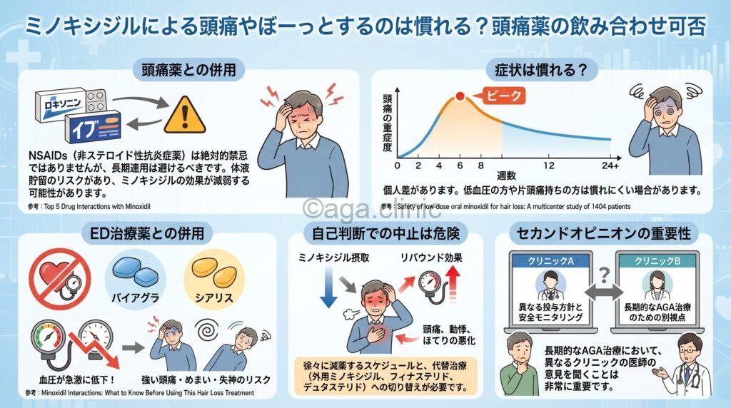 「ミノキシジルによる頭痛やぼーっとするのは慣れる?頭痛薬の飲み合わせ可否」というタイトル記事を要約した当サイトのオリジナル解説イラスト