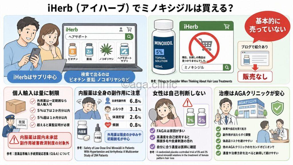 「iHerb（アイハーブ）でミノキシジルは買える？クリニック処方が安全な理由」というタイトル記事を要約した当サイトのオリジナル解説イラスト