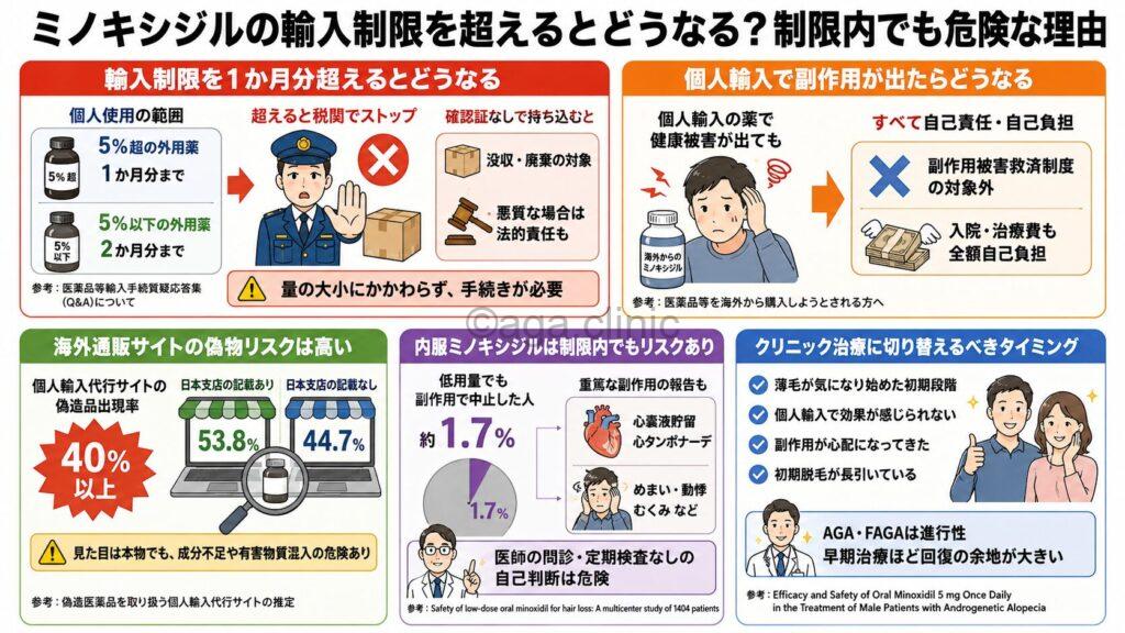 「ミノキシジルの輸入制限を超えるとどうなる?制限内でも危険な理由」というタイトル記事を要約した当サイトのオリジナル解説イラスト