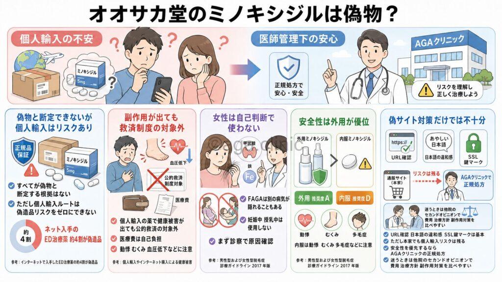 「オオサカ堂のミノキシジルは偽物?口コミ・評判と本物を手に入れる方法」というタイトル記事を要約した当サイトのオリジナル解説イラスト