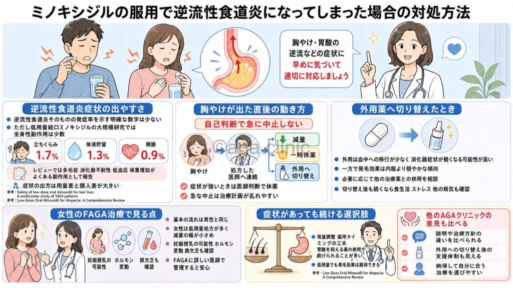 「ミノキシジルの服用で逆流性食道炎になってしまった場合の対処方法」というタイトル記事を要約した当サイトのオリジナル解説イラスト
