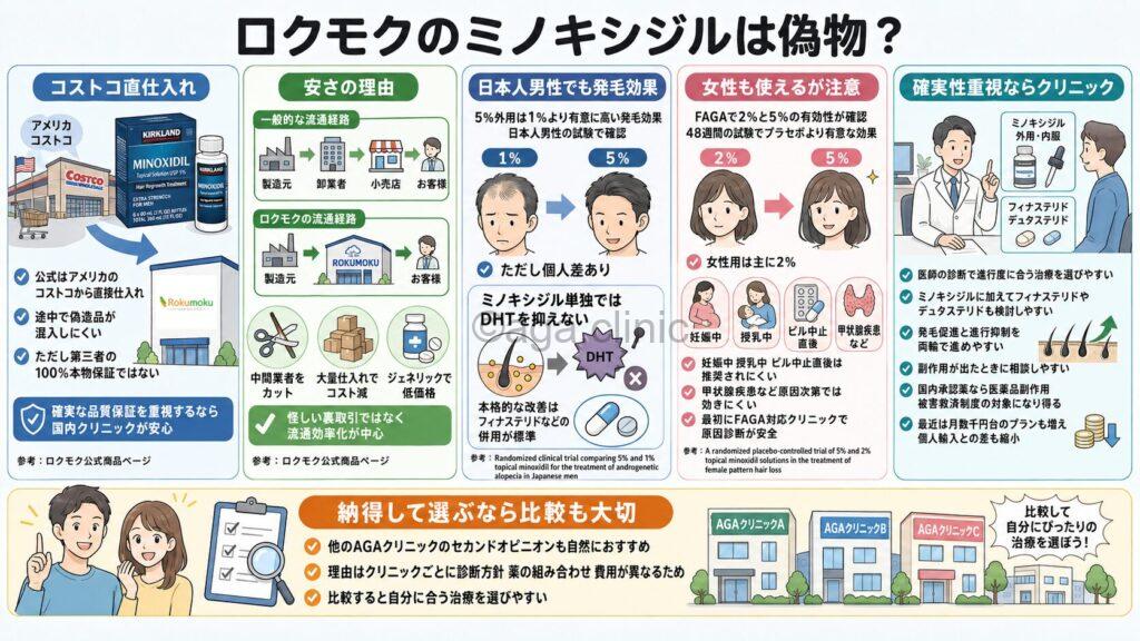 「ロクモクのミノキシジルは偽物？評判・口コミと安さの理由を解説」というタイトル記事を要約した当サイトのオリジナル解説イラスト