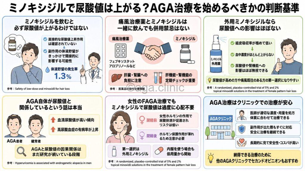 「ミノキシジルで尿酸値は上がる?AGA治療を始めるべきかの判断基準」というタイトル記事を要約した当サイトのオリジナル解説イラスト