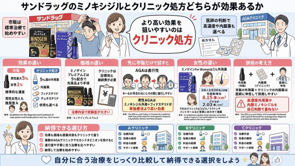 「サンドラッグのミノキシジルとクリニック処方どちらが効果あるか解説」というタイトル記事を要約した当サイトのオリジナル解説イラスト
