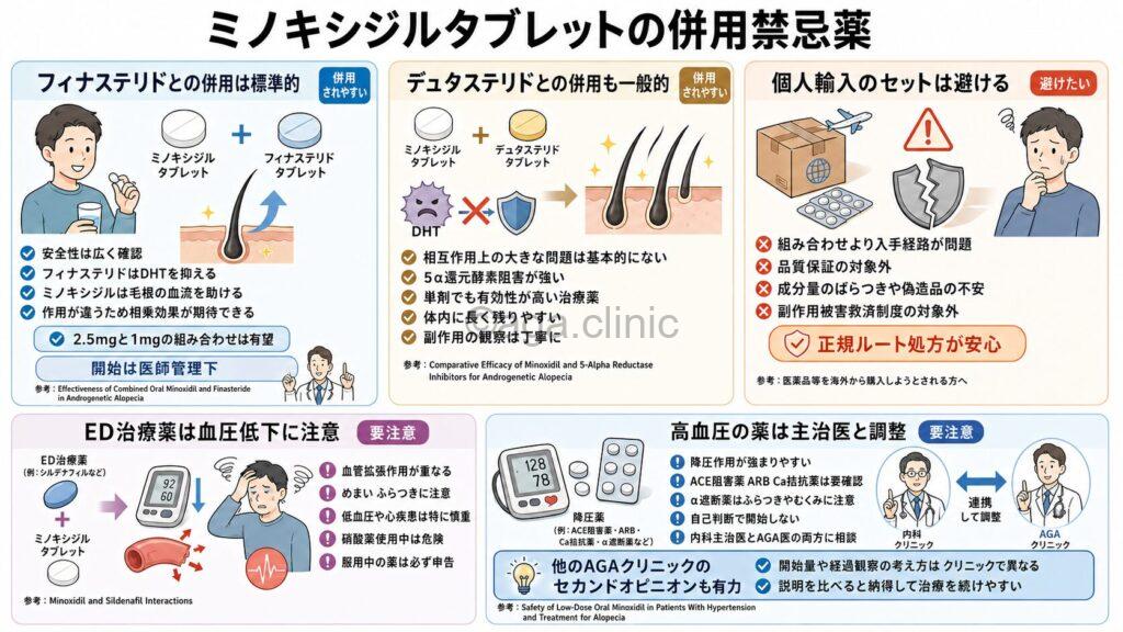 「ミノキシジルタブレットの併用禁忌薬|フィナステリドやデュタステリドは安全?」というタイトル記事を要約した当サイトのオリジナル解説イラスト
