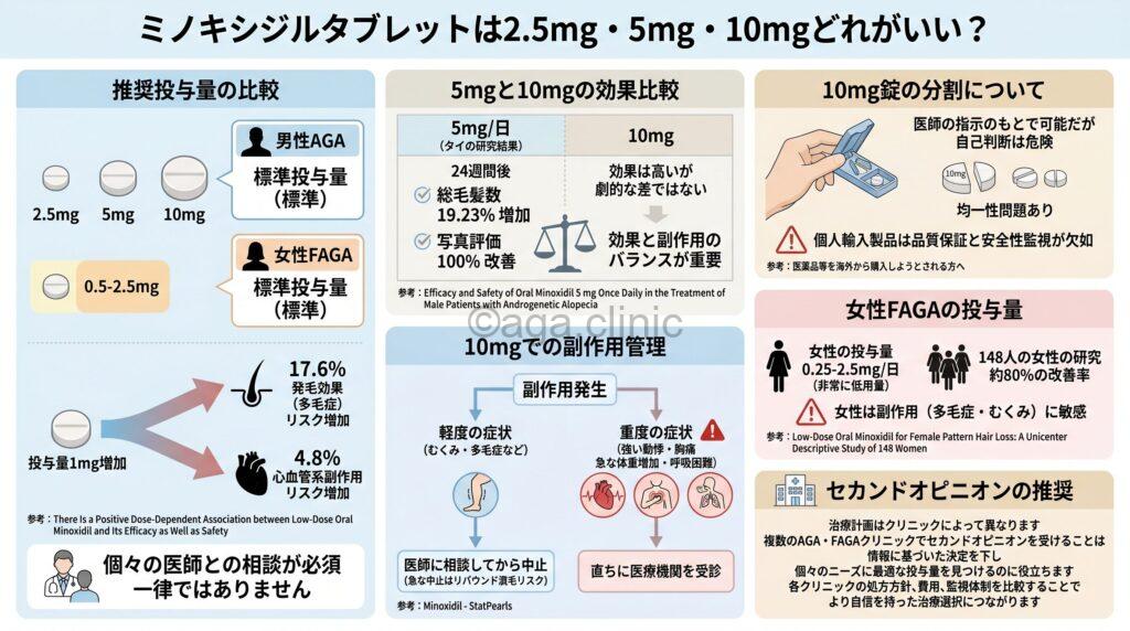 「ミノキシジルタブレットは2.5mg・5mg・10mgどれがいい？用量別に比較」というタイトル記事を要約した当サイトのオリジナル解説イラスト
