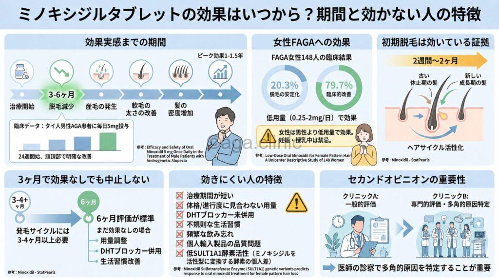 「ミノキシジルタブレットの効果はいつから？期間と効かない人の特徴」というタイトル記事を要約した当サイトのオリジナル解説イラスト